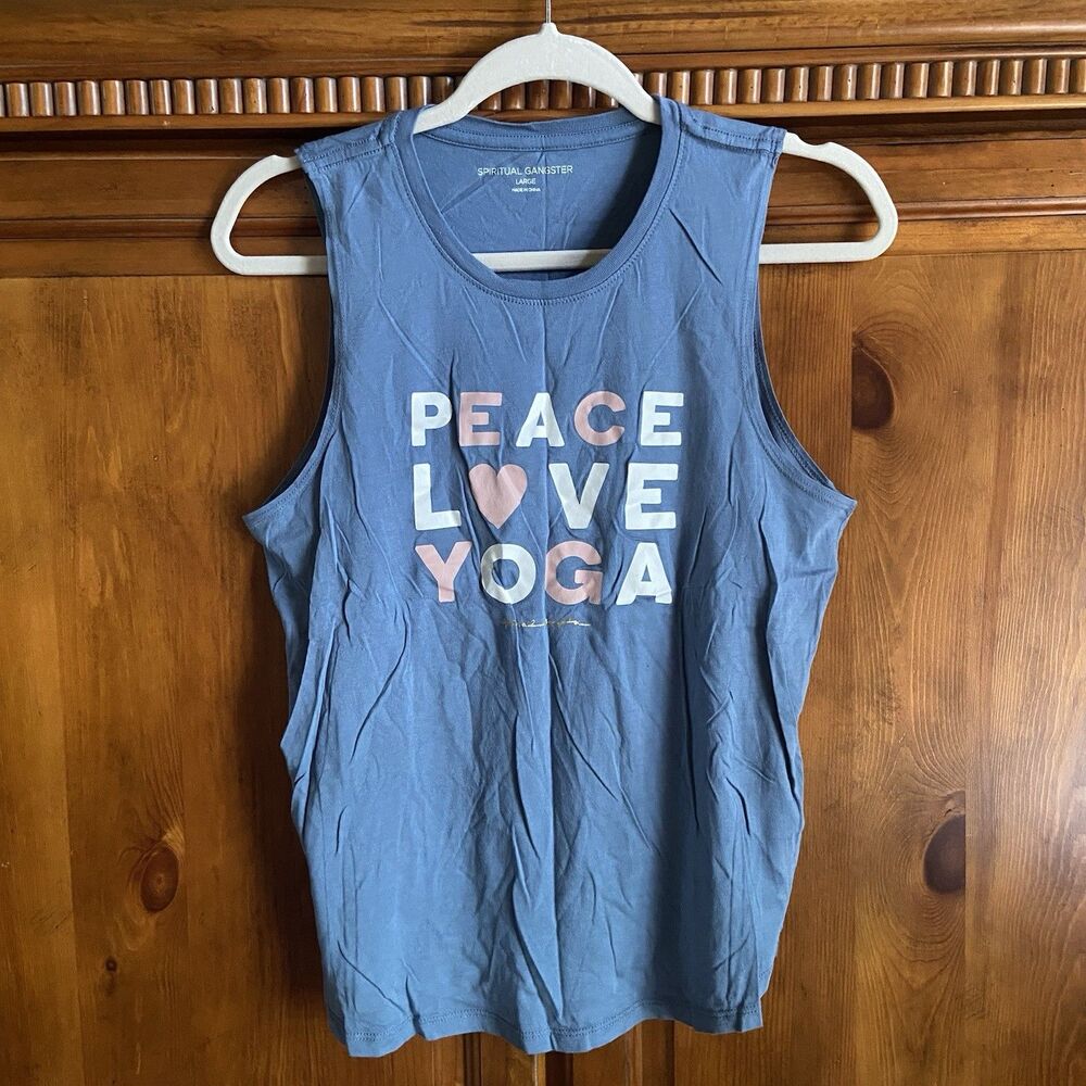 Spiritual Gangster Muscle Tank Top Size Large “Peace Love Yoga” Muted Blue Shirt